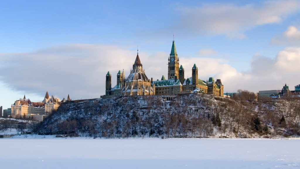 Pictureque view of Ottawa Parliament in the winter