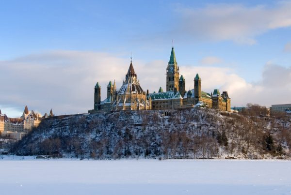 Pictureque view of Ottawa Parliament in the winter